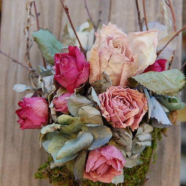 Mossy Cone with Dried Roses and Hydrangea / Dried Flower / Spring Arrangement