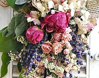 Spring Dried Flower Door Bouquet with Dried Roses and Peonies  / Cottage Chic Bouquet