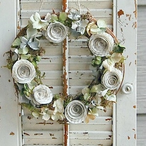 Dried Flower and Paper Rose Wreath / 8 Spring Dried Hydrangea Wreath / Shabby Cottage image 1