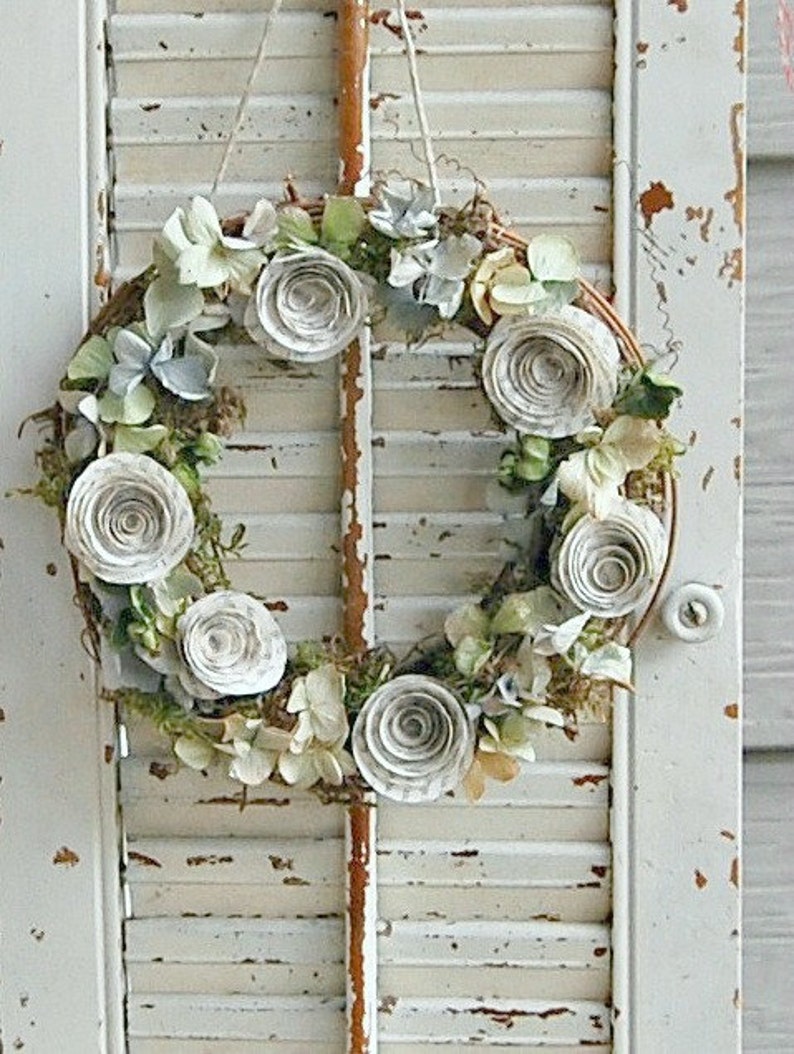 Dried Flower and Paper Rose Wreath / 8 Spring Dried Hydrangea Wreath / Shabby Cottage image 1