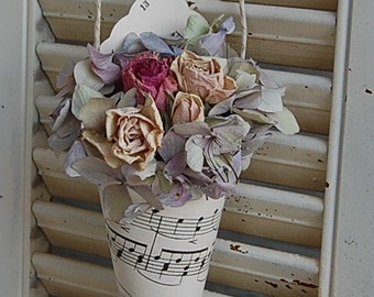 Vintage Hymnal Sheet Music Cone with  Dried Roses / Dried flower /