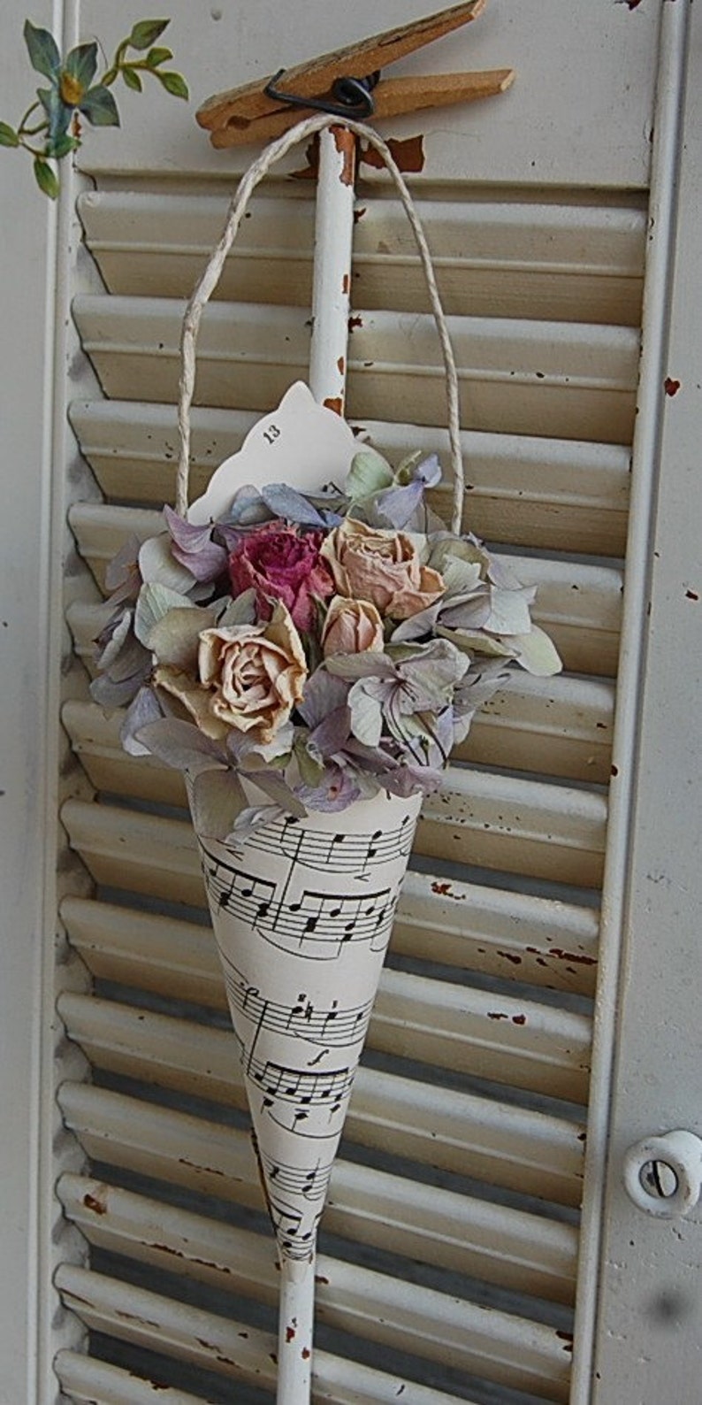 Vintage Hymnal Sheet Music Cone with Dried Roses / Dried flower / image 1