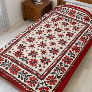 Velveteen Plush Blanket, Slavic Ukrainian Embroidery Style Throw, Cozy Bedspread, Traditional Floral Pattern Home Decor, Soft Couch Cover,