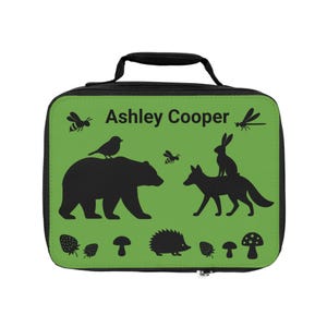 Woodland Critters Lunch Bag - Personalized Bear Fox Hare Hedgehog Sparrow Bee Dragonfly Mushroom Strawberry, Insulated Lunch Box