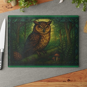Owl Glass Cutting Board with Owl Design, Kitchen Decor, Housewarming Gift, Unique Cooking Accessory, Wildlife Lover&#39;s Gift