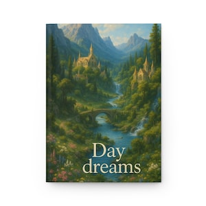 May include: Hardback journal with a landscape illustration of a river, bridge, and buildings surrounded by green trees and mountains. The cover has the words "Day dreams" in a gentle font. The theme is fantasy and nature.