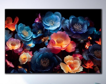 Flowers Tempered Glass Wall Art, Floral Wall Art, Colorful Flowers Glass Printing, Large Glass Wall Art, Vivid Colors, Christmas Gifts