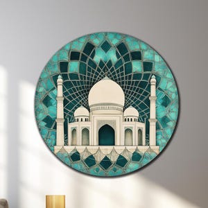 Mosque Tempered Glass Wall Art,Islamic Glass Wall Decor,Peaceful Glass Print,Turquoise Round Glass Wall Art,Large Glass Wall Art,Vivid Color