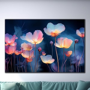 Arte de pared de vidrio templado con flores, decoración de pared de vidrio con flores de colores, arte de pared de vidrio floral, arte de pared de vidrio grande, colores vivos, decoración del hogar