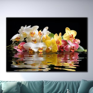 Orchideen Glas Wanddekor, Orchideen gehärtetes Glas Wandkunst, Bunte Orchideen Kunstdruck, Florale Glaskunst, Extra Große Wandkunst, Geschenk für Sie