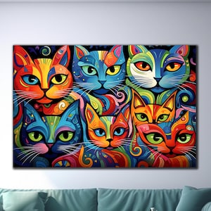 Abstract Tempered Glass Wall Art,Colorful Cats Glass Wall Decor,Cat Glass Print,Animal Wall Art,Large Glass Wall Art,Vivid Colors,Home Decor
