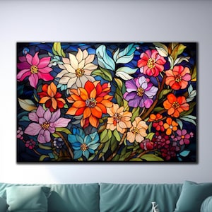 Colorful Flowers Tempered Glass Wall Art,Flowers Glass Print,Floral Wall Art,Stained Glass Art,Large Glass Wall Art,Vivid Colors,Home Decor