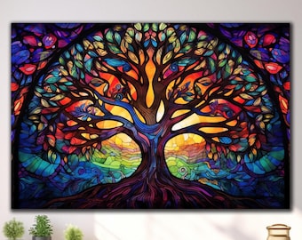 May include: A colorful stained glass style painting of a tree with a rainbow background. The tree has a thick trunk and many branches with leaves in shades of green, blue, purple, red, and yellow. The background is a vibrant rainbow with a sun shining through the branches.
