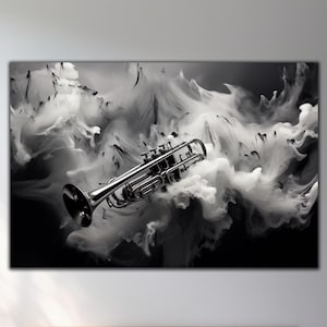 Arte mural de vidrio templado con trompeta, impresión de instrumentos musicales, arte mural musical, impresión abstracta en vidrio, arte mural extragrande, regalos navideños