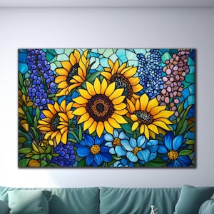 Girasoles en vidrio templado, impresión de girasoles en vidrio, arte de pared de girasoles en vitral, decoración de pared de mosaico de vidrio, arte de pared de vidrio grande, colores vivos
