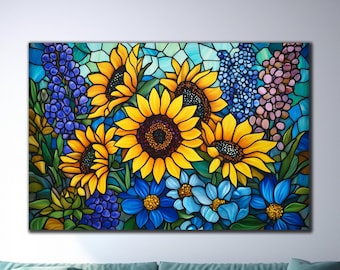 Vidrio templado con girasoles, impresión de vidrio con girasoles, arte mural con vitrales de girasoles, decoración de pared con mosaicos de vidrio, arte mural de vidrio grande, colores vibrantes