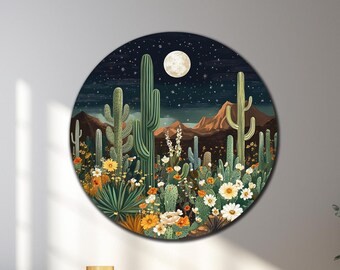 Desert Tempered Glass Wall Art, Cactus Glass Art, Round Glass Wall Art, Abstract Glass Print, Vivid Colors,Large Glass Wall Art,Gift for Him