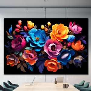 Flowers Tempered Glass Wall Art, Floral Wall Art, Colorful Flowers Glass Printing, Extra Large Wall Art, Vivid Colors, Christmas Gifts