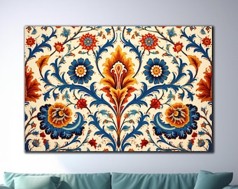 May include: A vintage style floral pattern with blue, orange, and red flowers on a cream background. The pattern is symmetrical and features intricate details.