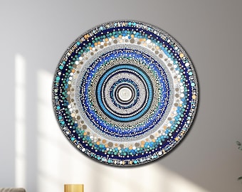 Abstracte blauwe cirkel kunst aan de muur van gehard glas, turkoois ronde glazen wanddecoratie, levendige kleuren, grote glazen muurkunst, housewarmingcadeaus