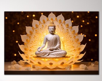 May include: A white Buddha statue sits in a lotus position on a white lotus flower with gold accents. The statue is illuminated by a warm, golden light. The background is a dark brown with a bokeh effect.