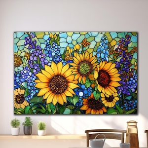 Vidrio templado de girasoles, impresión de vidrio de girasoles, arte de pared de vitral de girasoles, decoración de pared de vidrio mosaico, arte de pared extragrande, colores vivos