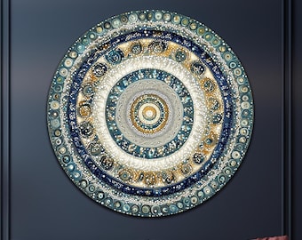 Abstracte blauwe cirkel kunst aan de muur van gehard glas, turkoois ronde glazen muurkunst, levendige kleuren, grote glazen muurkunst, housewarmingcadeaus