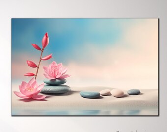 Zen Spa Stones Tempered Glass Wall Art, Spa Stones Glass Wall Decor, Flower Glass Print, Large Glass Wall Art, Vivid Colors, Home Decor