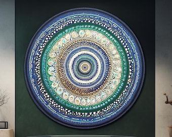 Abstracte blauwe cirkel kunst aan de muur van gehard glas, turkoois ronde glazen wanddecoratie, levendige kleuren, extra grote muurkunst, housewarmingcadeaus