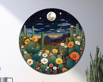 Desert Tempered Glass Wall Art, Cactus Glass Art, Round Glass Wall Art, Abstract Glass Print, Vivid Colors,Extra Large Wall Art,Gift for Her