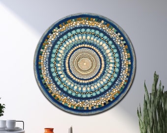 Abstracte blauwe cirkel muurkunst van gehard glas, turkoois ronde glazen muurkunst, levendige kleuren, extra grote muurkunst, housewarmingcadeaus