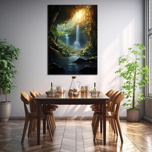 May include: A digital painting of a waterfall in a lush green jungle. Sunlight streams through the trees, illuminating the cascading water and creating a sense of tranquility.