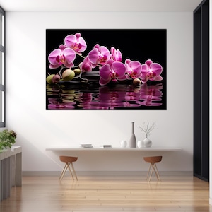 May include: Pink orchids floating on a black surface with a reflection in the water below.