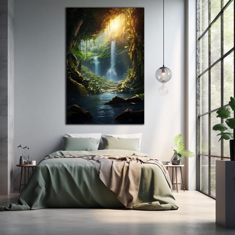 May include: A digital painting of a lush green jungle with a waterfall cascading down a rock face into a pool of water. Sunlight streams through the trees, illuminating the scene.
