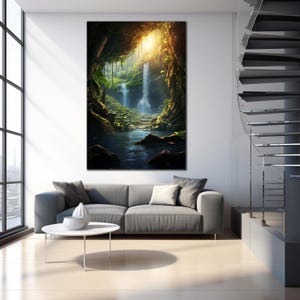 May include: A lush green jungle scene with a waterfall cascading down a rock face into a pool of water. Sunlight streams through the trees, illuminating the path leading to the waterfall.