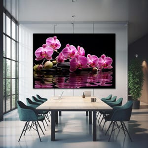 May include: Pink orchid flowers floating on water with a black background. The orchids are arranged in a line and are reflected in the water.