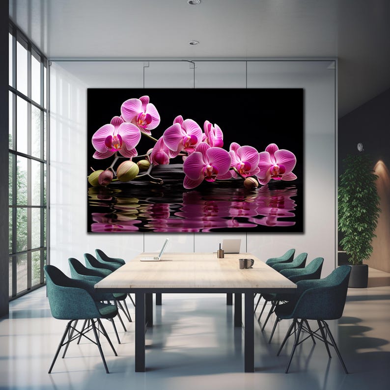 May include: Pink orchid flowers floating on water with a black background. The orchids are arranged in a line and are reflected in the water.