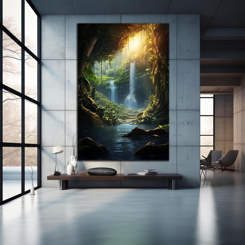 May include: A digital painting of a lush green jungle scene with a waterfall cascading down a rock face into a pool of water. Sunlight streams through the trees, illuminating the scene.