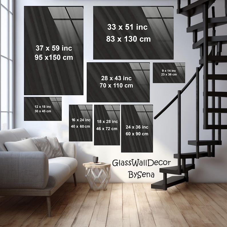 May include: A set of black and white abstract wall art prints with different sizes and dimensions. The prints feature a blurred image of a window with light streaming through it. The prints are labeled with their dimensions in inches and centimeters. The text "GlassWallDecor BySena" is at the bottom of the image.
