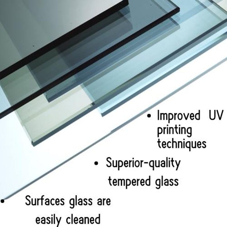 May include: Close-up of layered glass panels, showcasing improved UV printing techniques and superior-quality tempered glass. Surfaces are easily cleaned.
