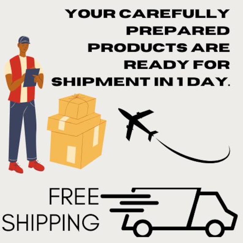 May include: Illustration of a delivery person holding a clipboard with boxes stacked behind them. A plane flies above the boxes with a trail of smoke. Text reads "Your carefully prepared products are ready for shipment in 1 day. FREE SHIPPING".
