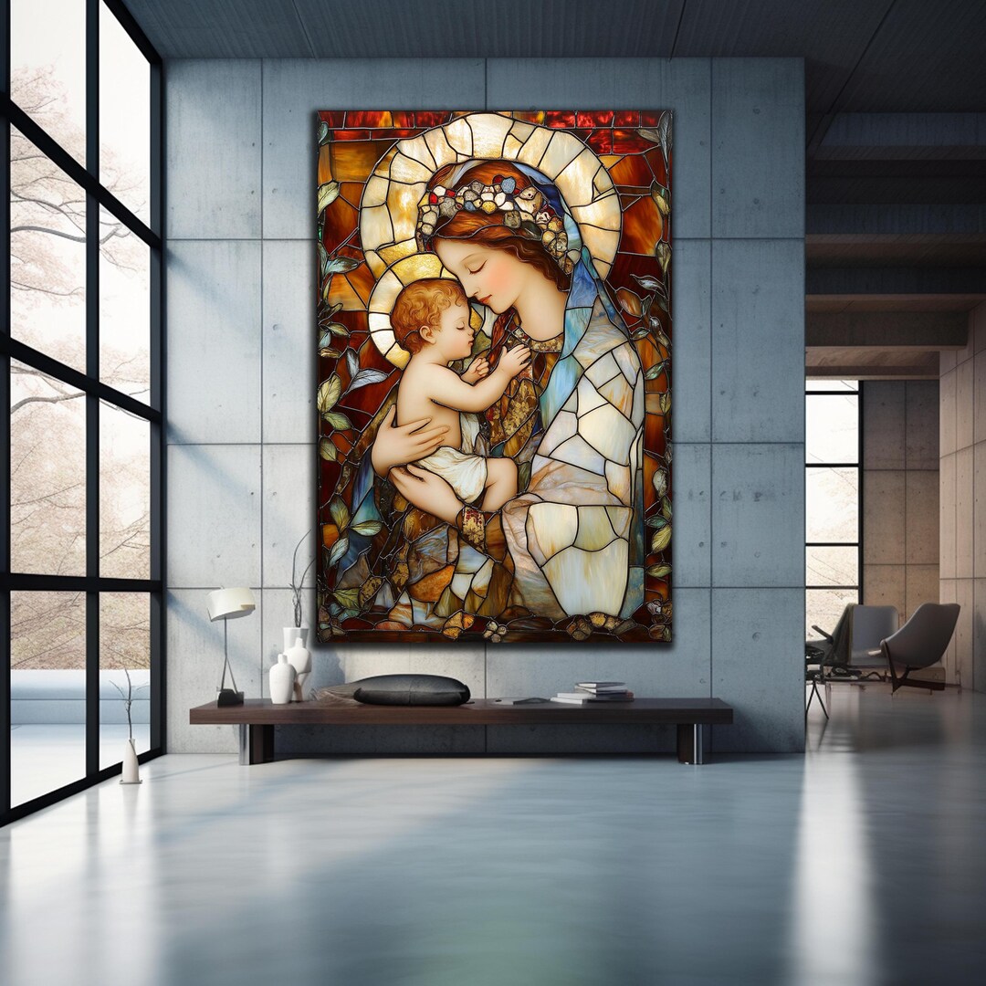 Religious Tempered Glass Wall Art, Virgin Mary and Baby Jesus Glass ...
