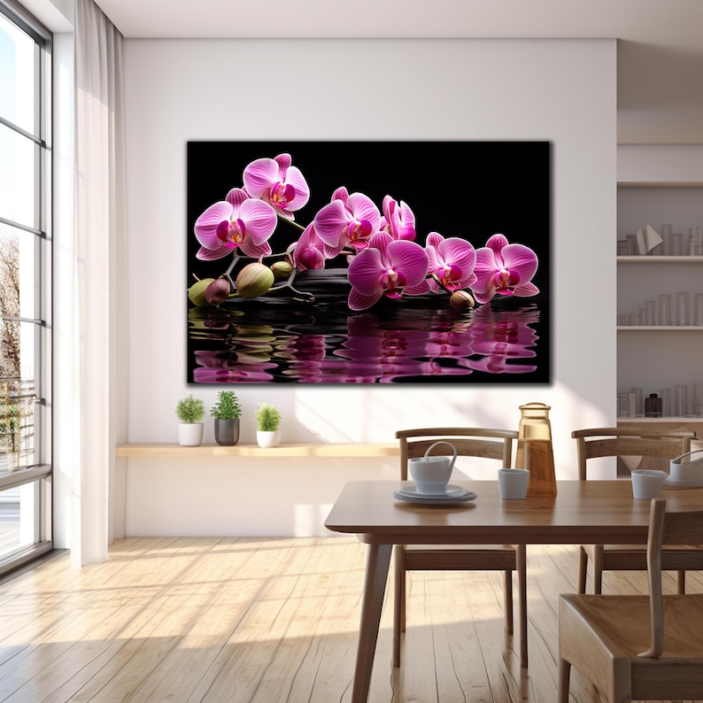 May include: Pink orchid flowers with white centers are arranged on a black surface with a reflection in the water below.