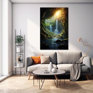 May include: A lush green jungle scene with a waterfall cascading down a rock face into a pool of water. Sunlight streams through the trees, illuminating the scene.