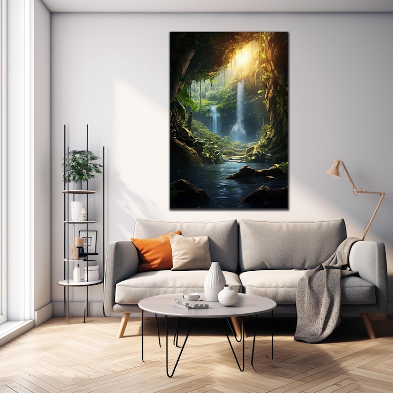 May include: A lush green jungle scene with a waterfall cascading down a rock face into a pool of water. Sunlight streams through the trees, illuminating the scene.