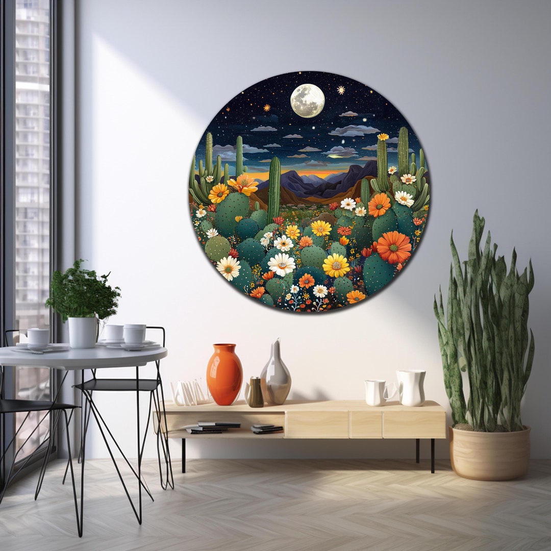 Desert Tempered Glass Wall Art, Cactus Glass Art, Round Glass Wall Art ...