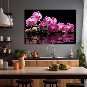 May include: Pink orchid flowers with green leaves floating on a black surface with a reflection in the water. The flowers are arranged in a line and are in focus. The background is black.