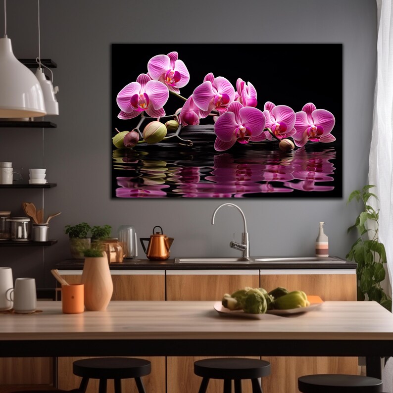 May include: Pink orchid flowers with green leaves floating on a black surface with a reflection in the water. The flowers are arranged in a line and are in focus. The background is black.
