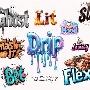 Trendy Slang Sticker Pack - Popkultur, urbane Typografie, Motivationszitate, lustige Ausdrücke, coole Wörter, ästhetische Aufkleber, Street Style