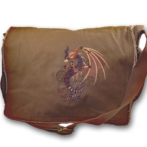 Steampunk Dragon Embroidery on Canvas Messenger Bag Etsy